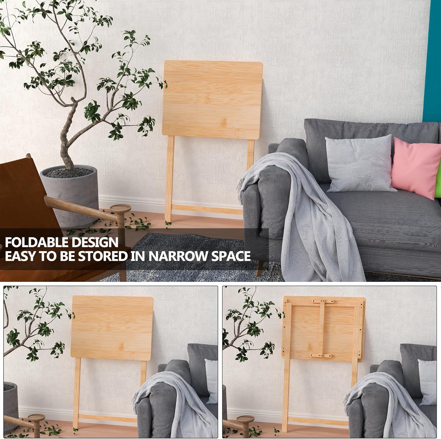 Folding TV Tray Table Set of 2 Bamboo for Eating k7m