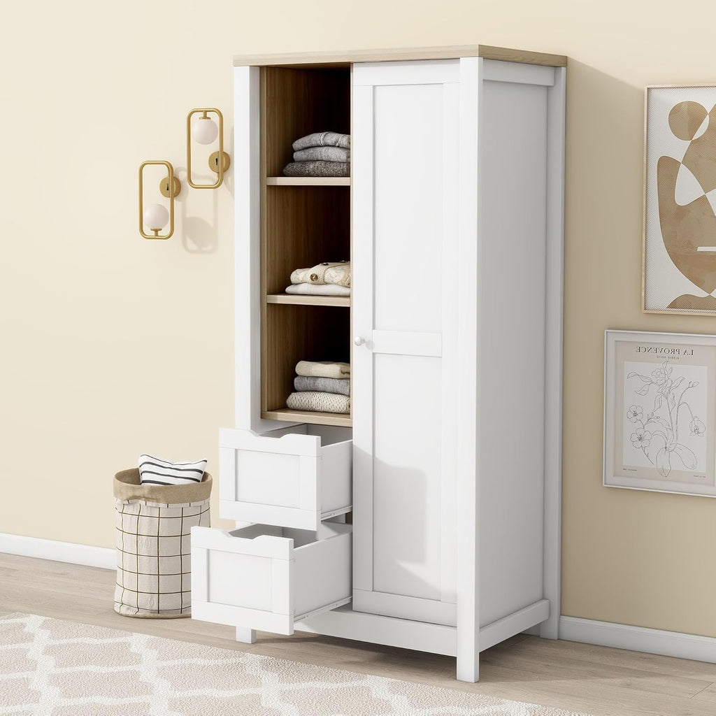 Wardrobe Closet Organizer with 2 Drawers and Hanging Rods White k7m