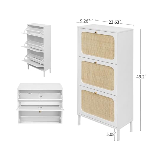 Natural Rattan Narrow Shoe Cabinet with 3 Flip Drawers a7k