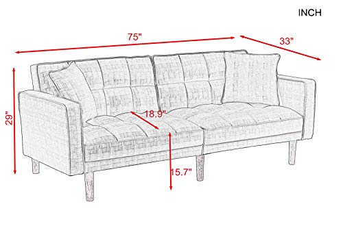 Convertible Futon Sofa Bed with Two Pillows, Light Grey q7m