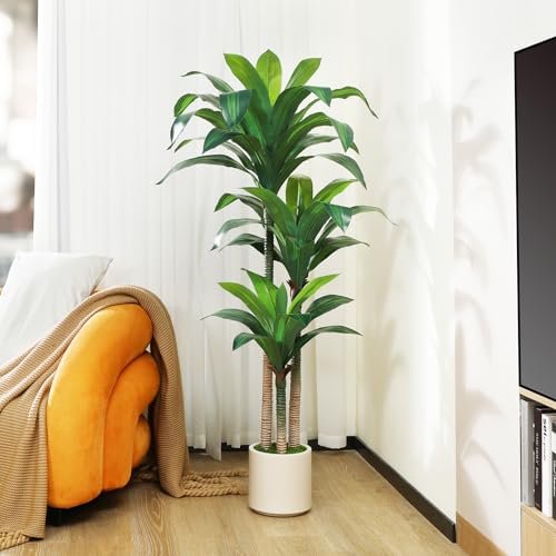 Artificial Dracaena Tree 5ft with White Planter Indoor Floor Plant k7m