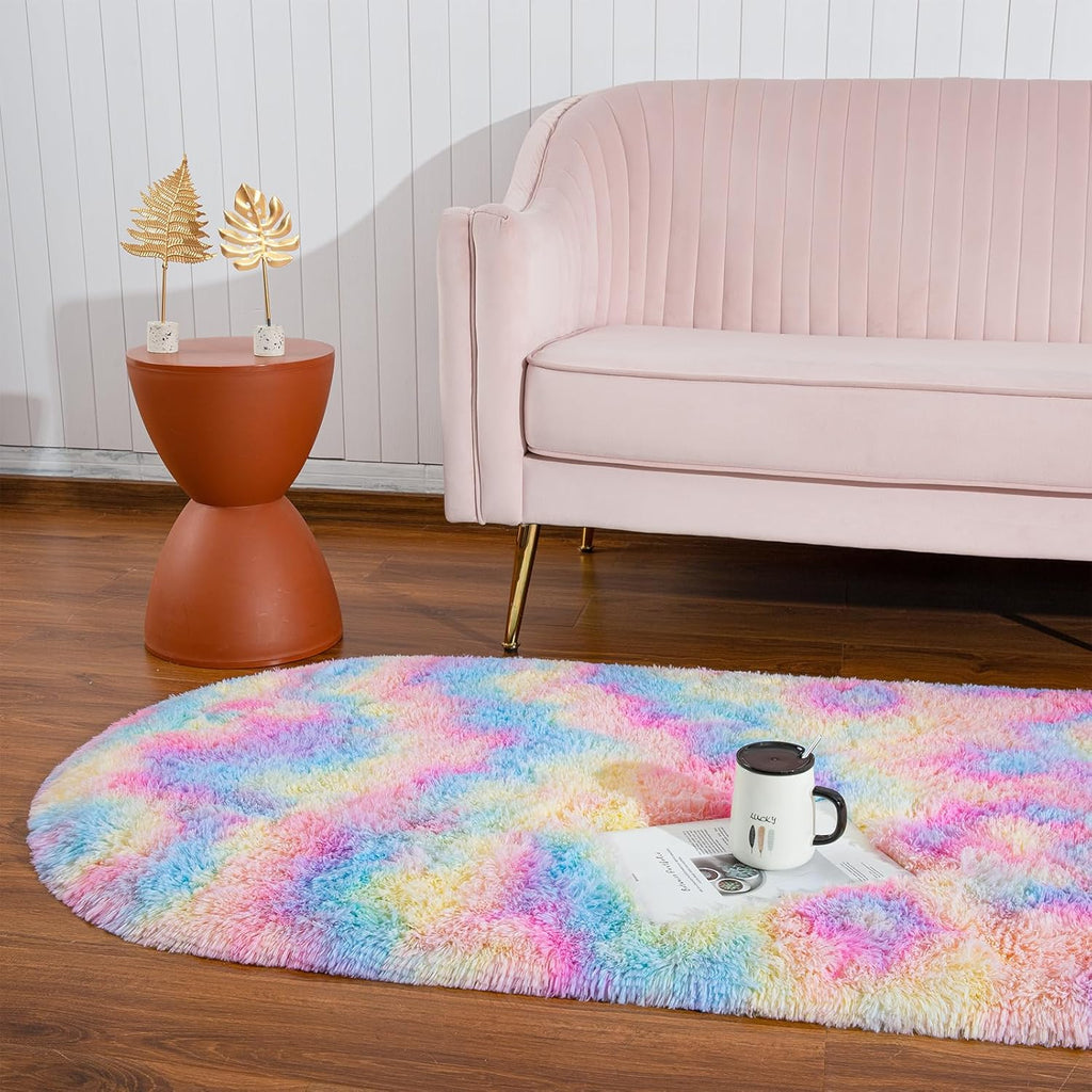 Fluffy Shag Area Rug for Bedroom Set of 2, Grey & Rainbow Oval Carpet k7m
