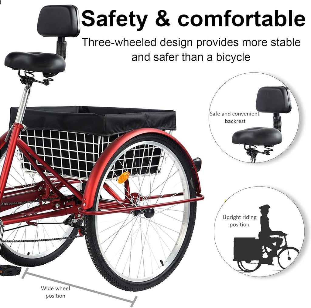 Adult 7-Speed Tricycle 26 Inch Three-Wheel Bike with Basket a7