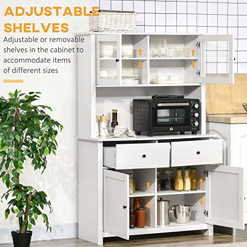 Kitchen Buffet with Hutch, Pantry Storage Cabinet with Shelves and Drawers, Antique White a7