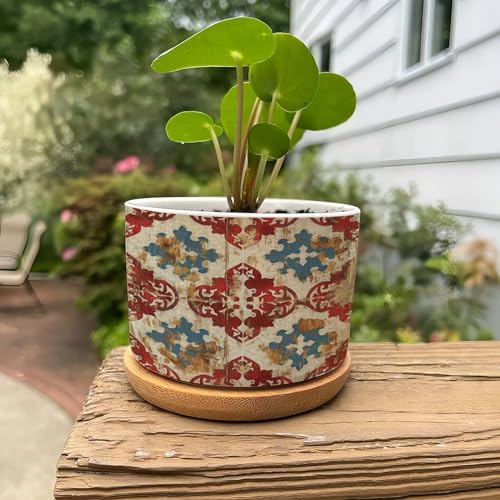 Blue White Porcelain Vase Planter Ceramic Round Pot with Bamboo Tray a7