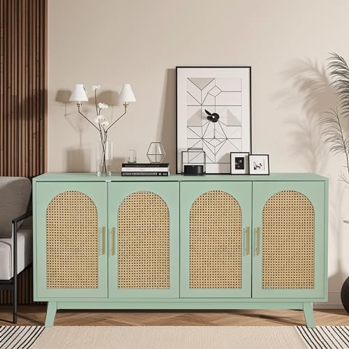 Sideboard Storage Cabinet with Rattan Decorated 4 Doors Mint Green k7p