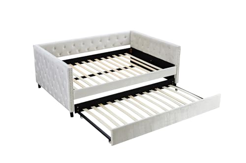 Velvet Tufted Twin Daybed with Trundle Beige k7