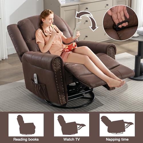 Leather Recliner Chair with Massage and Heating, Swivel Rocking Manual Recliner Brown k7