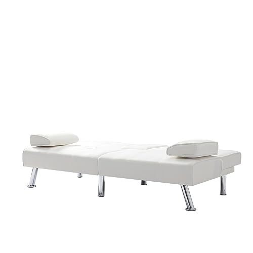 Synthetic Leather Convertible Futon Sofa Bed with Cup Holders Beige k7