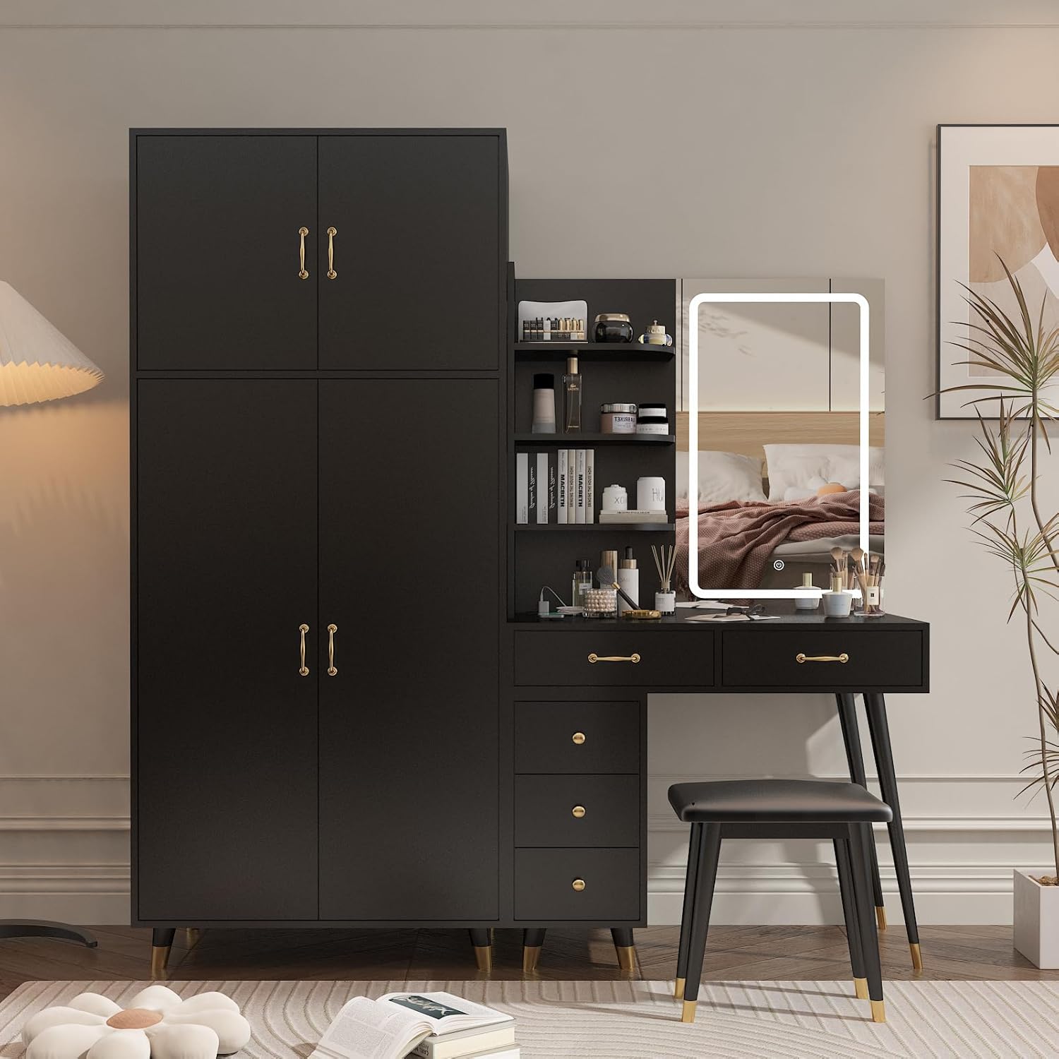 Black Vanity Desk with Mirror and Stool Set 4d