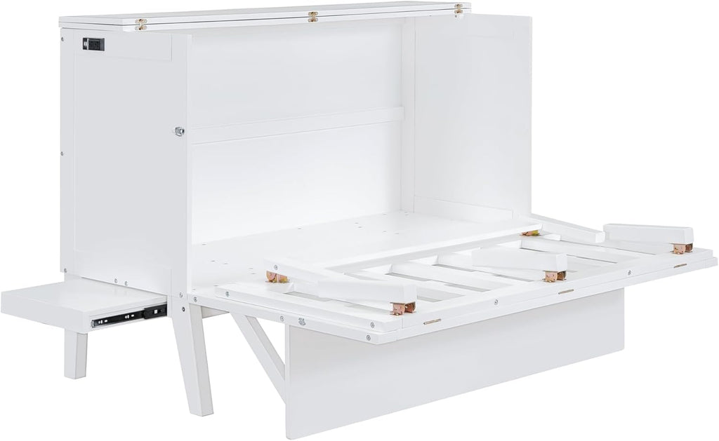 White Wooden Murphy Bed with Desk and Charging Station a7