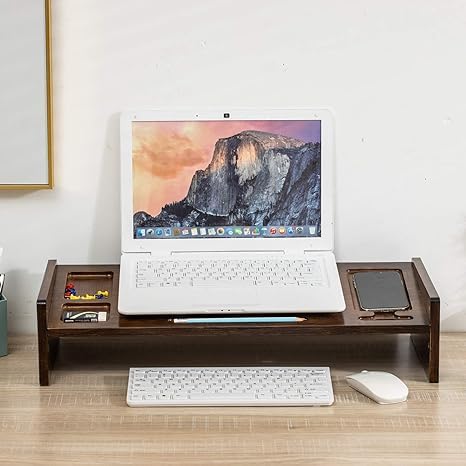 Maydear Bamboo Monitor Stand Riser with Drawer, 2 Tier Desk Organizer Stand for Laptop Computer, Desktop Printer Stand, Versatile as Storage Shelf & Screen Holder (Bamboo - Walnut)