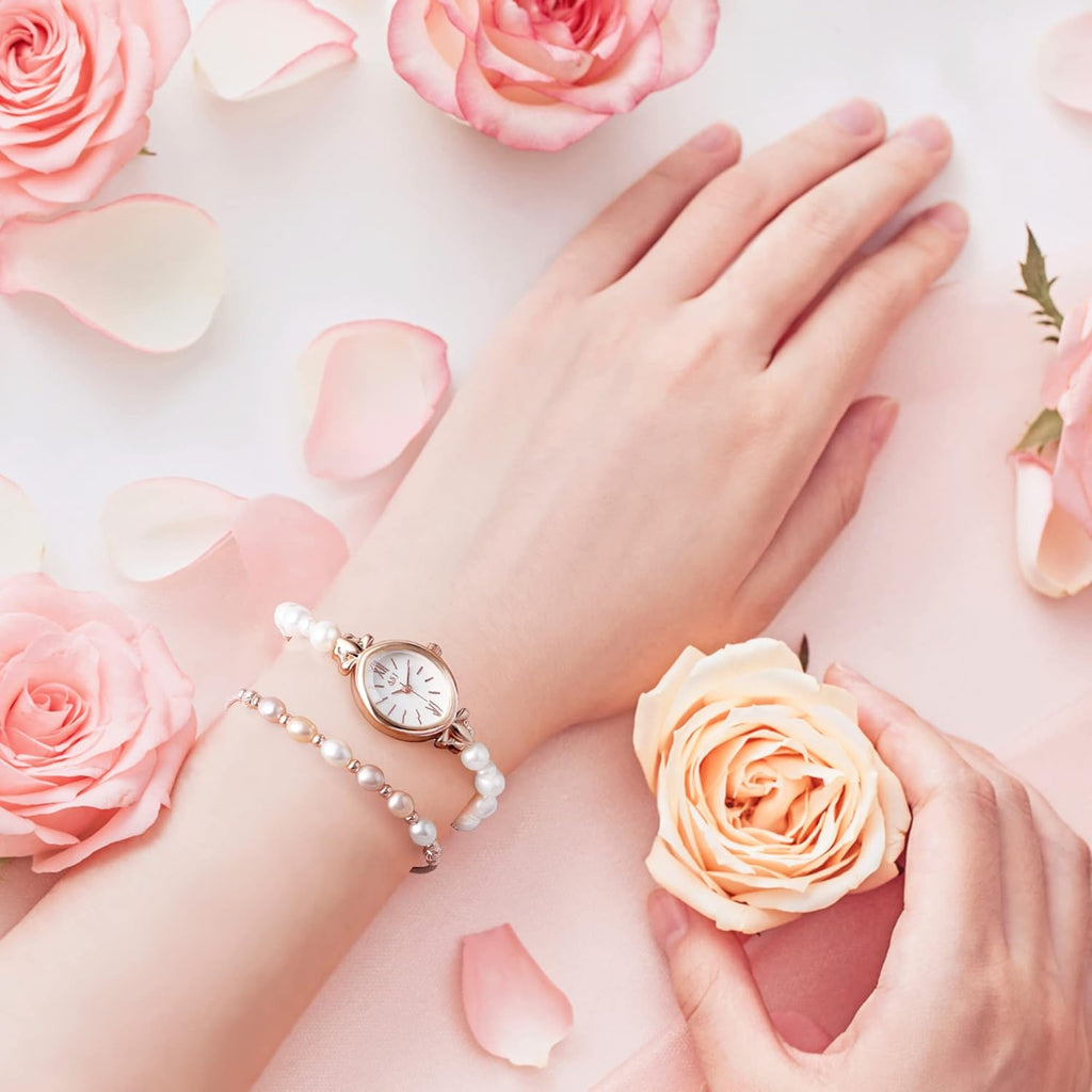 Natural Pearl Watch and Bracelet Set for Women Rose Gold Oval Dial k7m