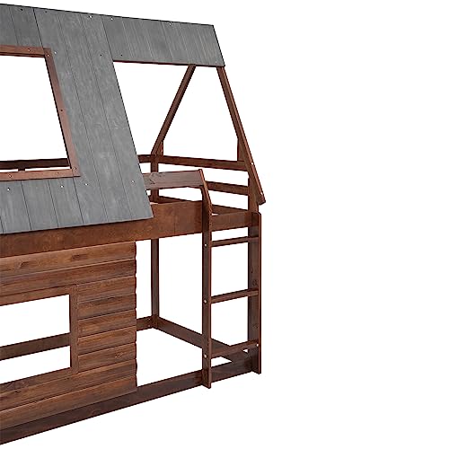 Twin Over Twin Bunk Bed House with Roof and Windows Wood Frame Oak Smoky Grey k7