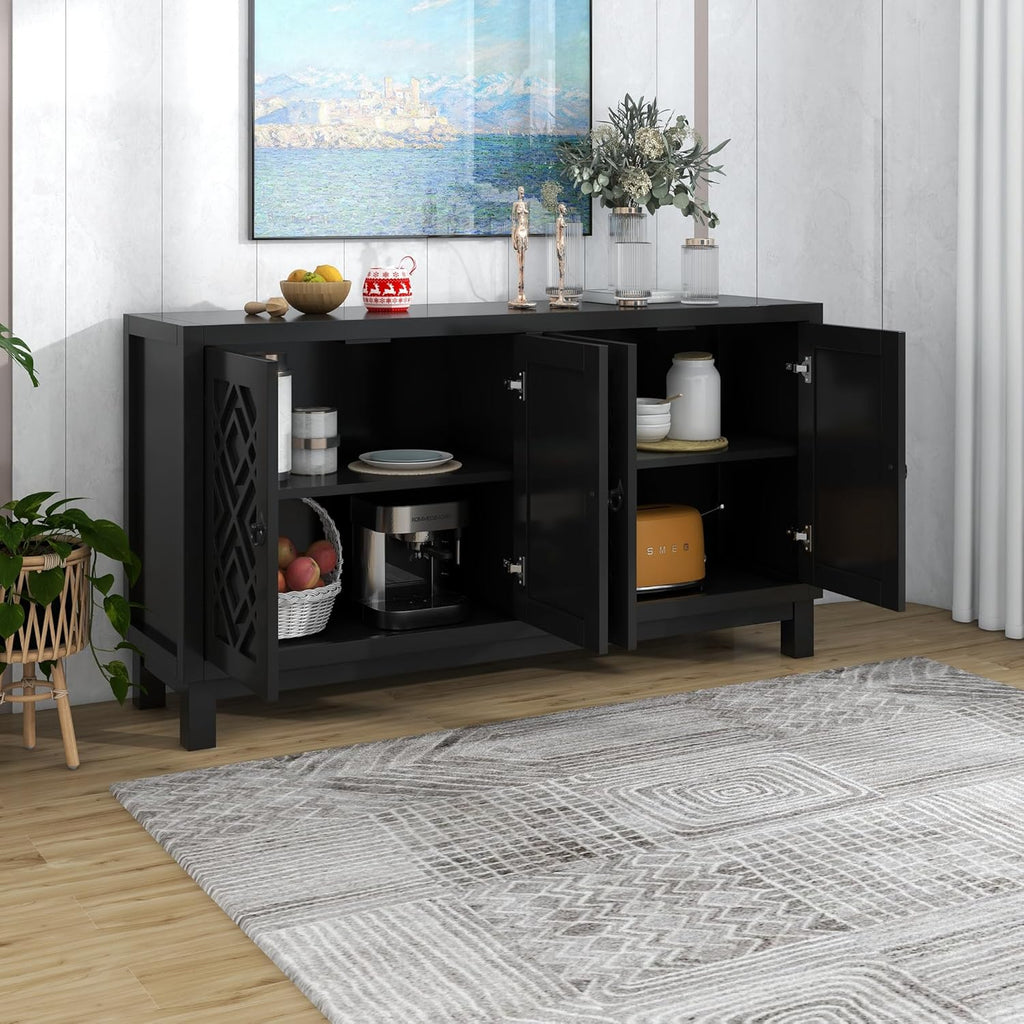 Elegant 4-Door Sideboard Cabinet for Dining Room Black a7