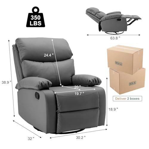 Swivel Rocker Recliner Chair for Adults, Genuine Leather, Dark Grey a7