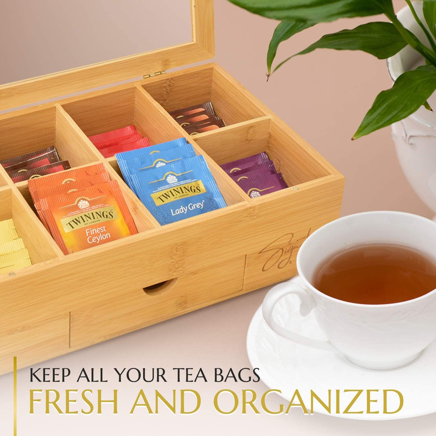 Bamboo Tea Box Organizer with Drawer 8 Compartments a7