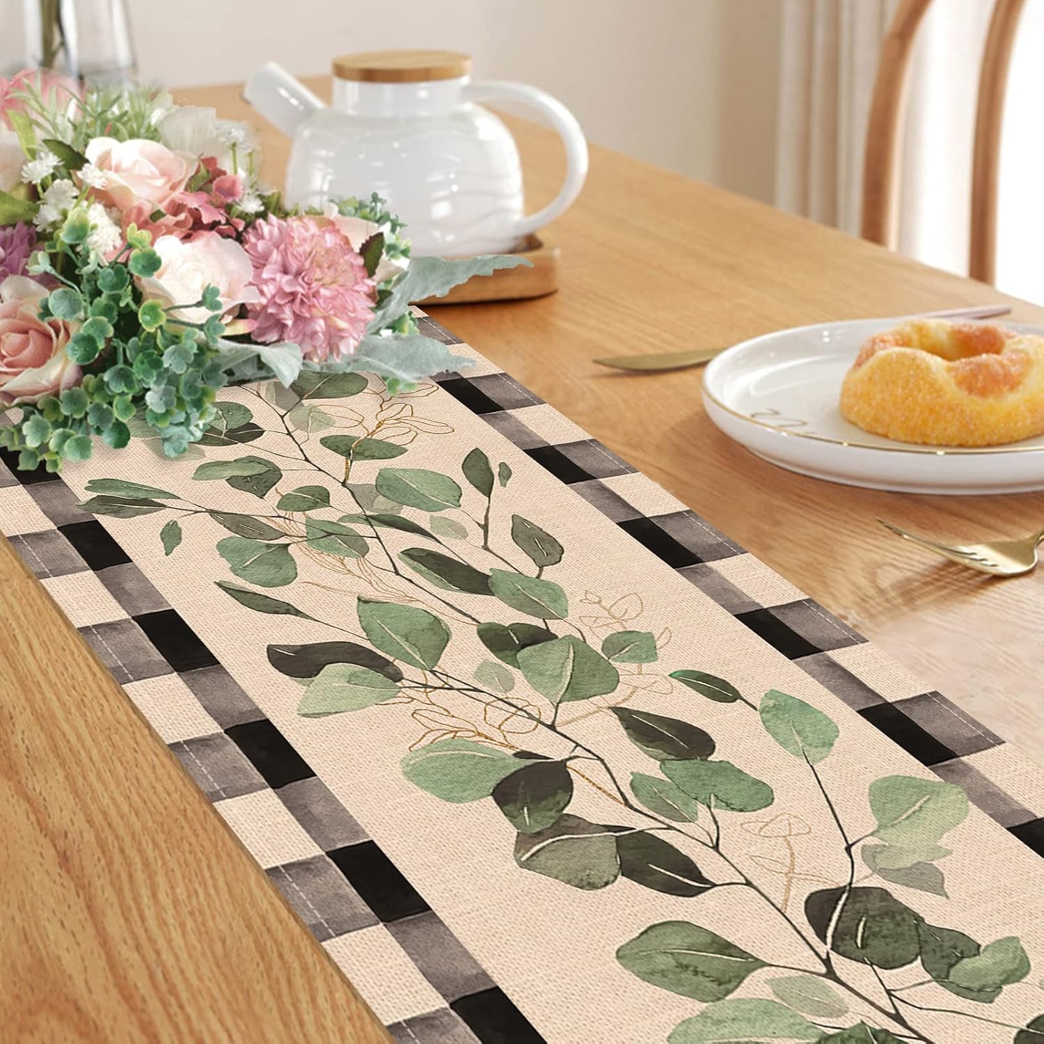 Eucalyptus Leaves Greenery Table Runner, Buffalo Plaid Check Decor 13x90 Inches k7