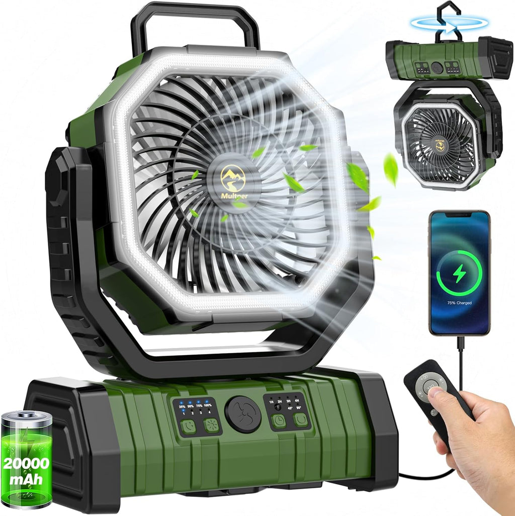 20000mAh Rechargeable Portable Camping Fan, USB Battery Operated Powered Shaking Head Fan with LED Lantern, 4 Speed 4 Timing Outdoor Tent Fan for Camping with Remote & Hook for Fishing,Travel, Jobsite