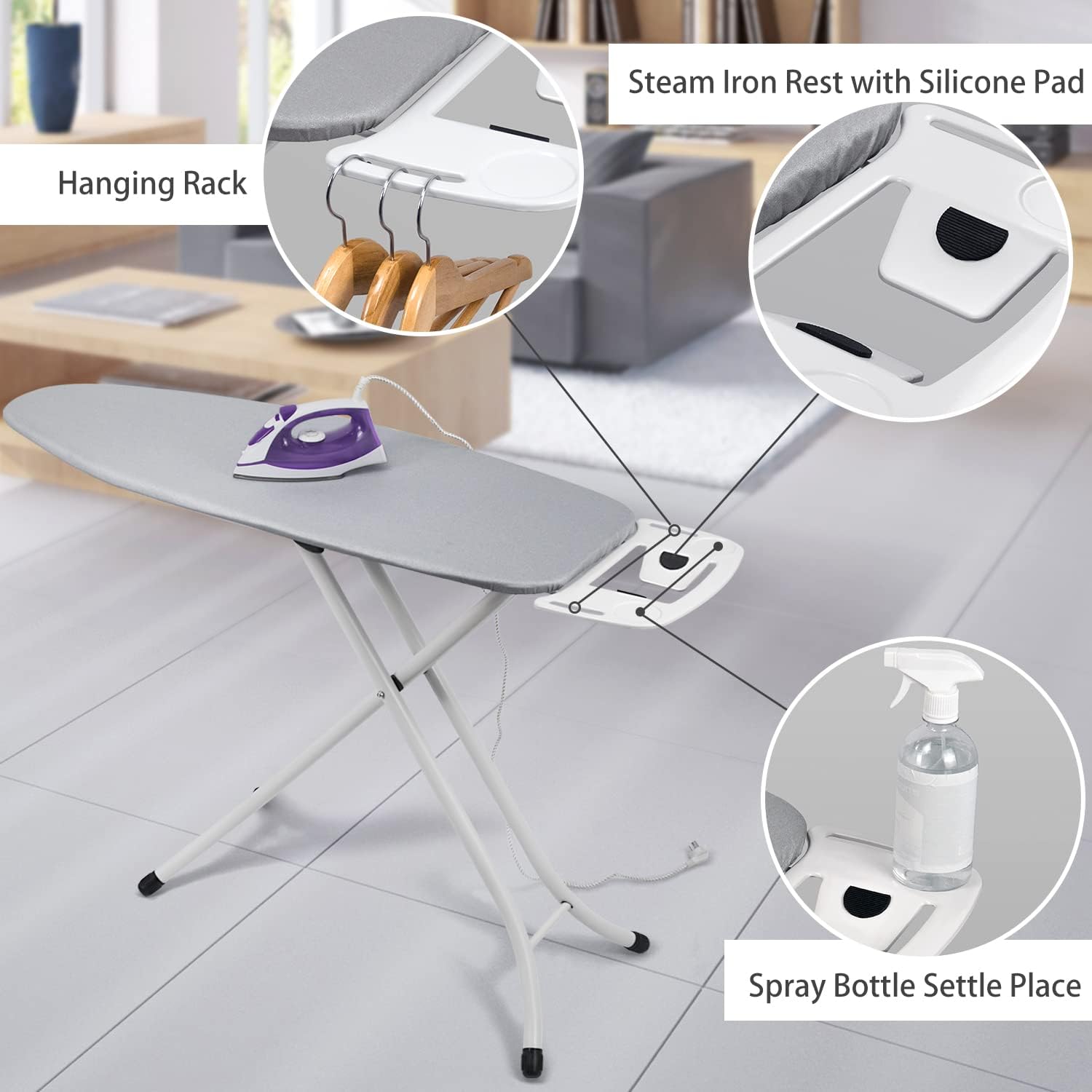Ironing Board Full Size with Thickened Feltpad, Adjustable Height Grey k7m