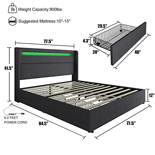 Queen LED Bed Frame with Wingback Headboard, Platform Bed with Storage Drawers a7k