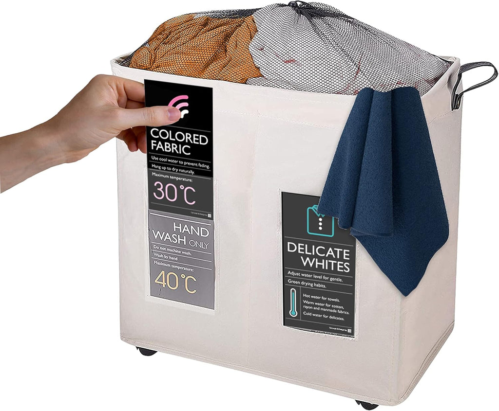KNIGHT 120L Collapsible Laundry Basket with Wheels - Lightweight, 2 Section, Portable Washing Storage Bin with Mesh Cover & Handles - Durable Fabric (Ivory)