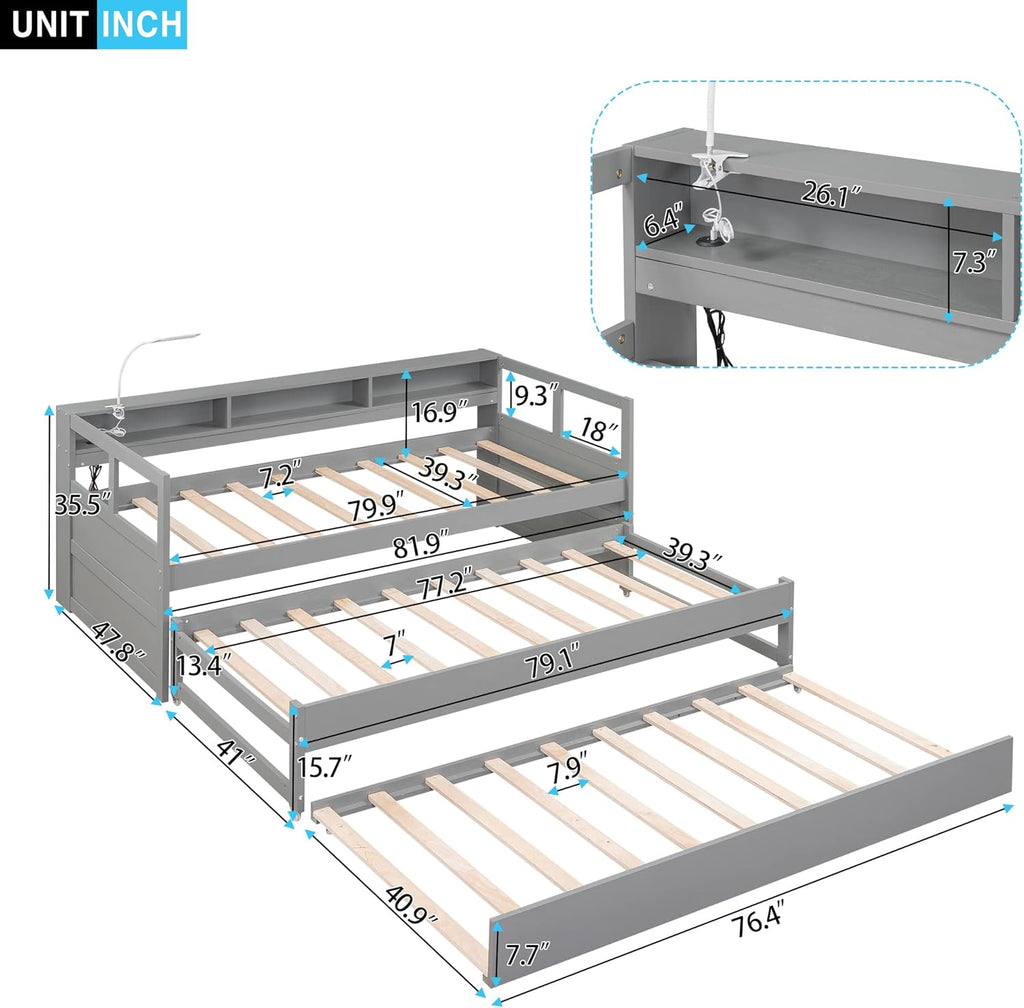 Twin XL Daybed with 2 Trundle Beds Wood Platform Bed with Storage Headboard Gray k7m