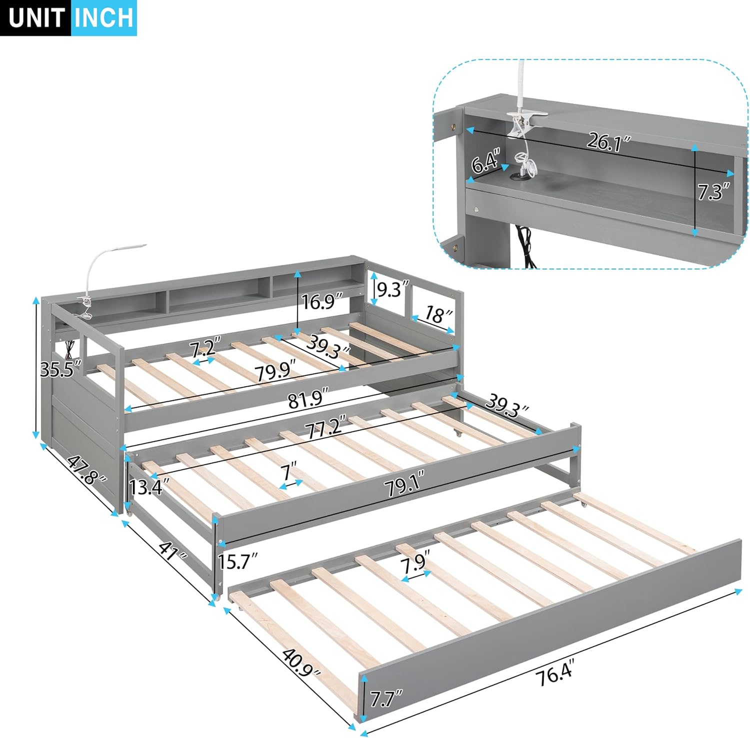 Twin XL Daybed with 2 Trundle Beds Wood Platform Bed with Storage Headboard Gray k7m