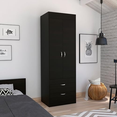 Wardrobe with 2 Doors and Drawer, Freestanding Wooden Closet for Bedroom, White a7