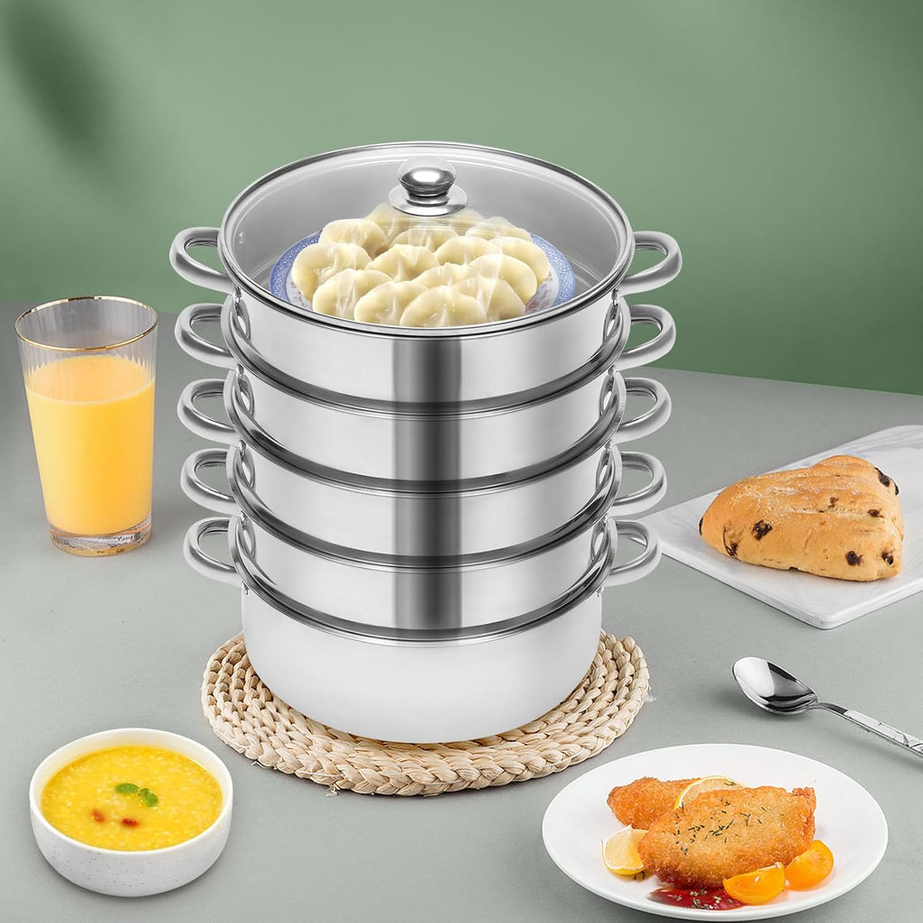 Stainless Steel 5 Tier Steamer Pot with Glass Lid a7