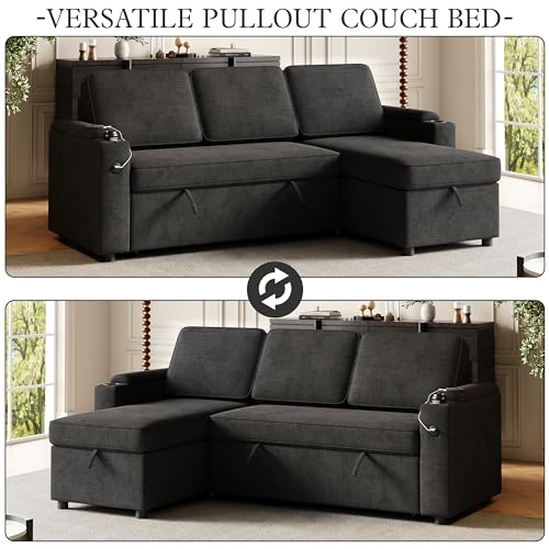 L-Shaped Sofa Bed with Chaise and Cup Holder, Dark Grey k7