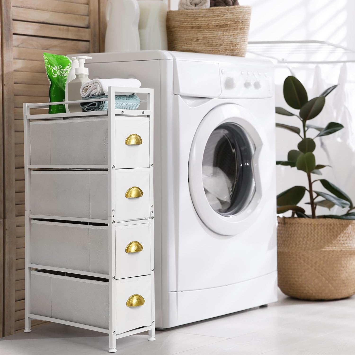 Narrow Dresser 4 Drawers Fabric Storage Cabinet White k7m