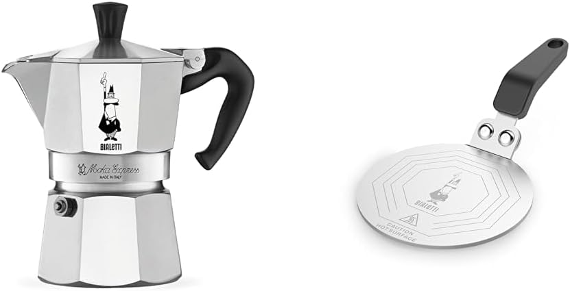 Moka Express: Iconic Stovetop Espresso Maker, Makes Real Italian Coffee, Moka Pot 3 Cups (4.4 Oz - 130 Ml) , Aluminium, Silver & Stainless Steel Plate, Heat Diffuser Cooking Induction Adapter, Steel