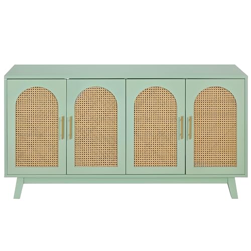 Sideboard Storage Cabinet with Rattan Decorated 4 Doors Mint Green k7p