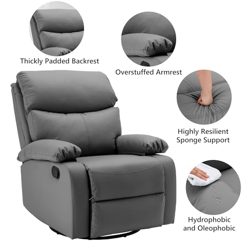 Swivel Rocker Recliner Chair for Adults, Genuine Leather, Dark Grey a7