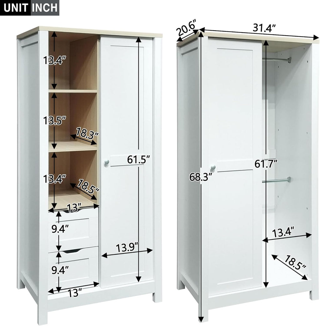 Wardrobe Closet Organizer with 2 Drawers and Hanging Rods White k7m