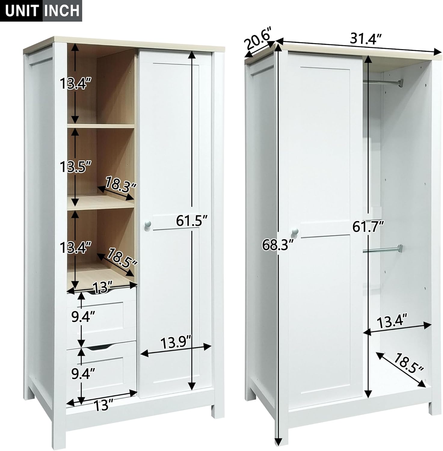 Wardrobe Closet Organizer with 2 Drawers and Hanging Rods White k7m