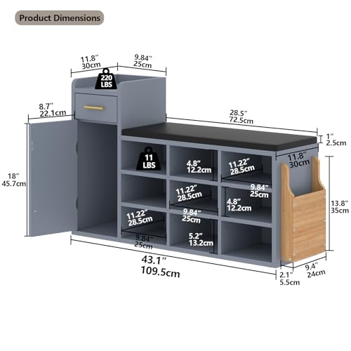 Shoe Storage Bench with 9 Cubbies and Cushion, White a7