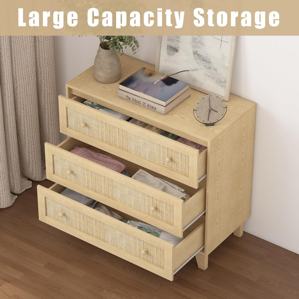 3 Drawer Dresser for Bedroom, Natural Rattan Wood Storage Organizer k7p