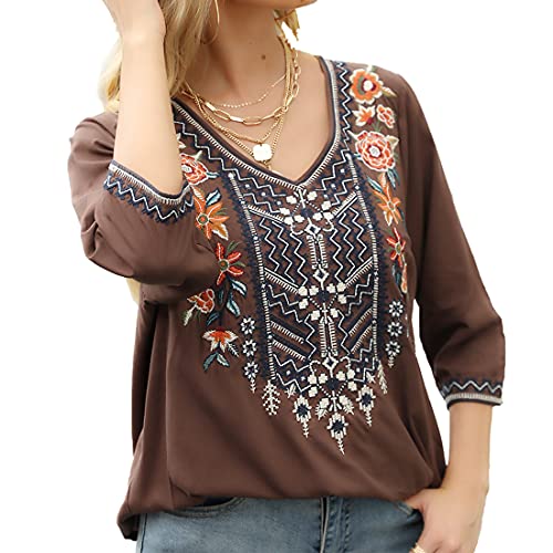 Embroidered 3/4 Sleeve V Neck Peasant Tunic Blouse k7