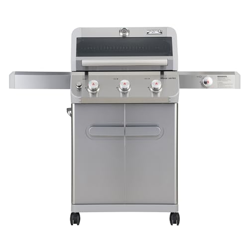 Monument Grills Outdoor Barbecue Stainless Steel 3 Burner Propane Gas Grill, 48,000 BTU Patio Garden Grill with Side Burner and LED Controls, Mesa325, Black