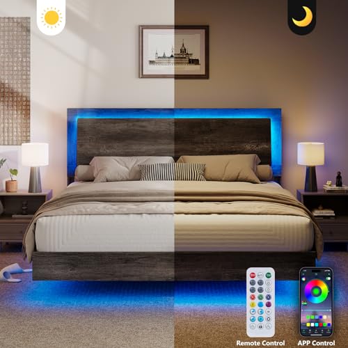 Rustic Grey Floating Platform Bed Frame with Headboard and LED Light k7m