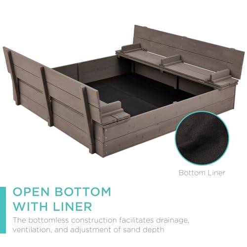 Kids Outdoor Wooden Sandbox with Foldable Bench Seats a7
