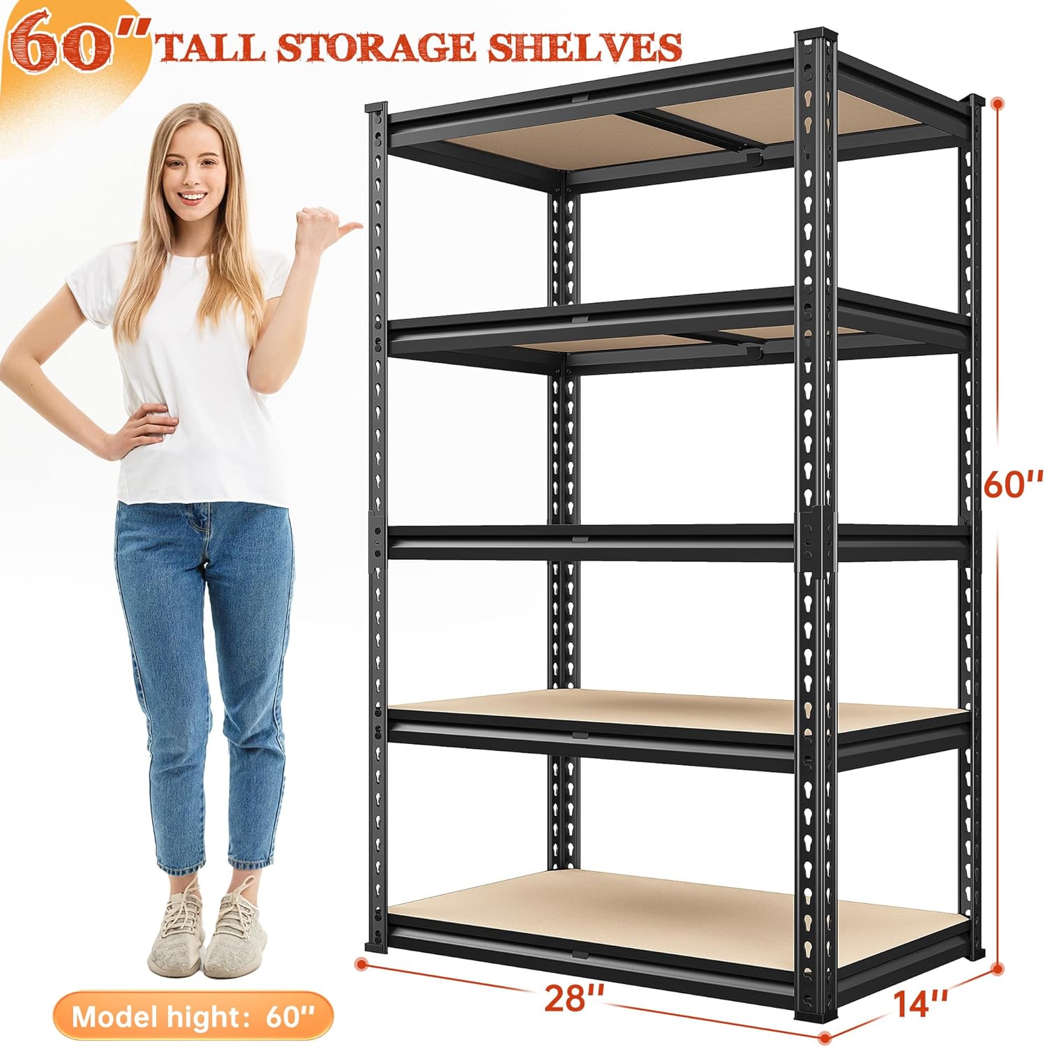 Garage Shelving 5 Tier Heavy Duty Adjustable Metal Storage Rack 60H x28W x14D k7