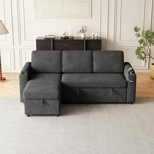 L-Shaped Sofa Bed with Chaise and Cup Holder, Dark Grey k7