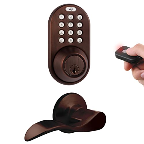 MiLocks XFL-02AQ Digital Deadbolt Door Lock and Passage Lever Handle Combo with Keyless Entry via Remote Control and Keypad Code for Exterior Doors, Antique Brass