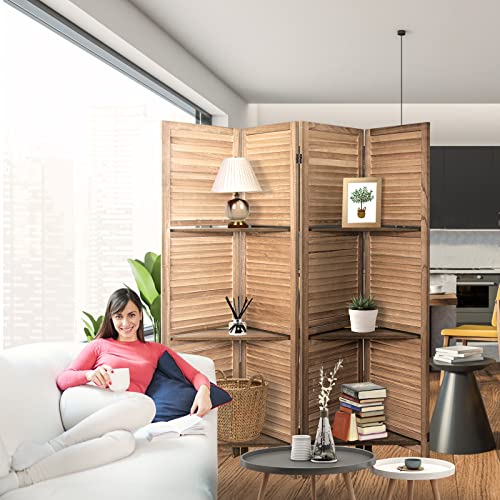 Room Divider with Shelves 4 Panels Folding Privacy Screen Brown k7