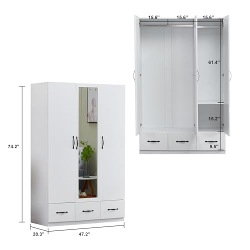 3-Door Armoire Wardrobe with 3 Drawers and Hanging Rod q7k