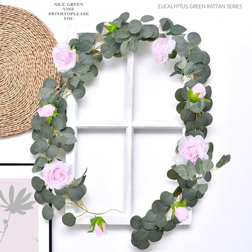 Artificial Eucalyptus Rose Garland Light Pink a7