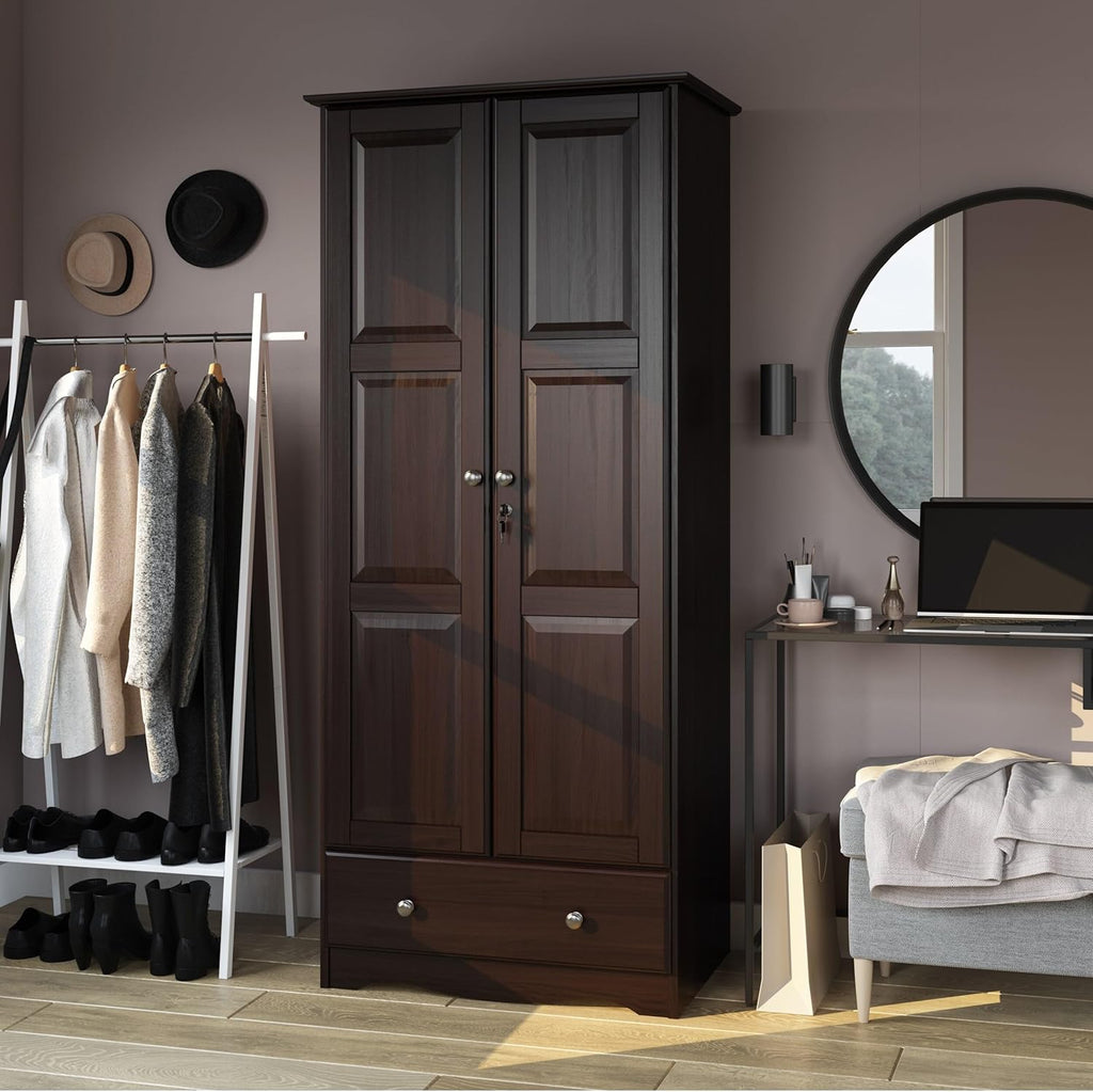 Solid Wood Flexible Wardrobe Armoire Mocha Stained Mahogany Finish k7